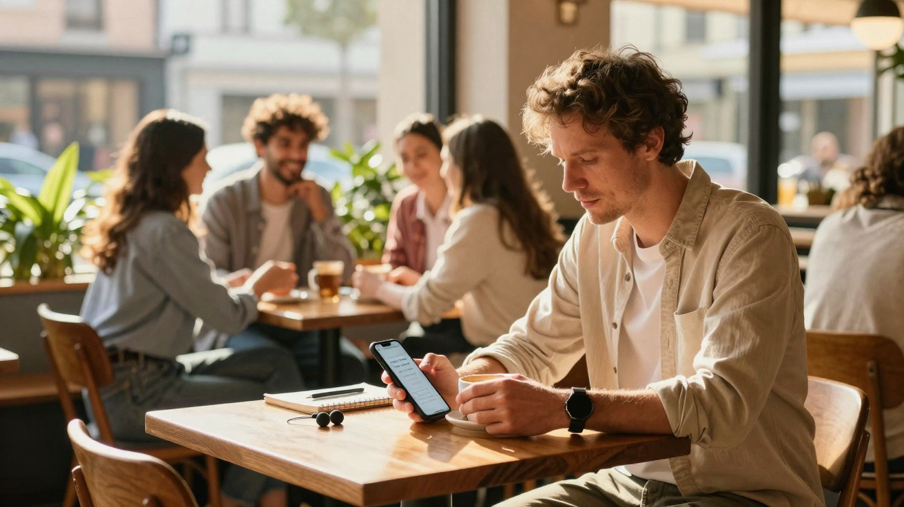 Mann sitzt im Café, schaut auf sein Smartphone, im Hintergrund unterhalten sich vier Personen bei Getränken.