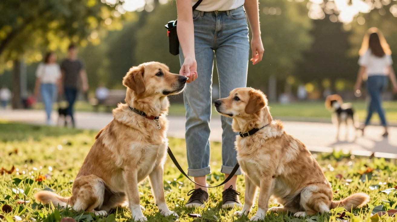 Person füttert zwei sitzende Golden Retriever Hunde an einer Leine im Park bei Sonnenuntergang