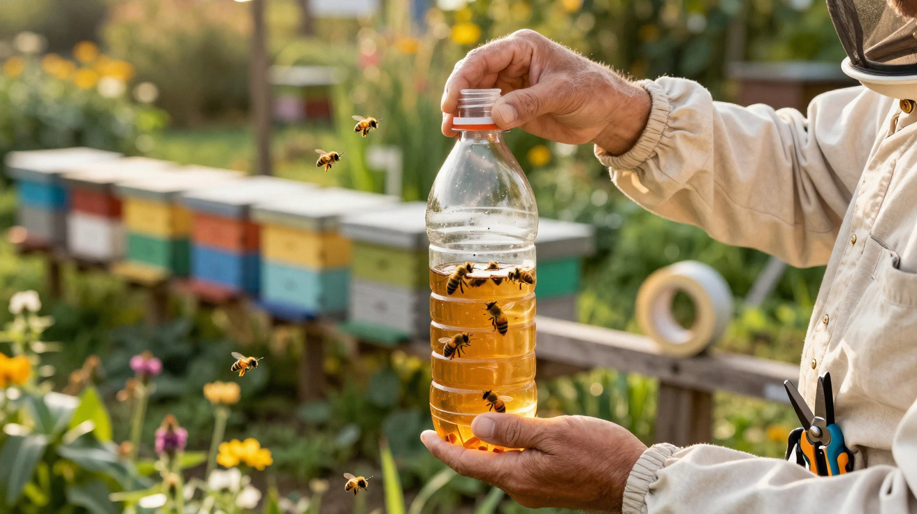 Imker hält Flasche mit Honig, umgeben von Bienen und bunten Bienenstöcken im Garten.