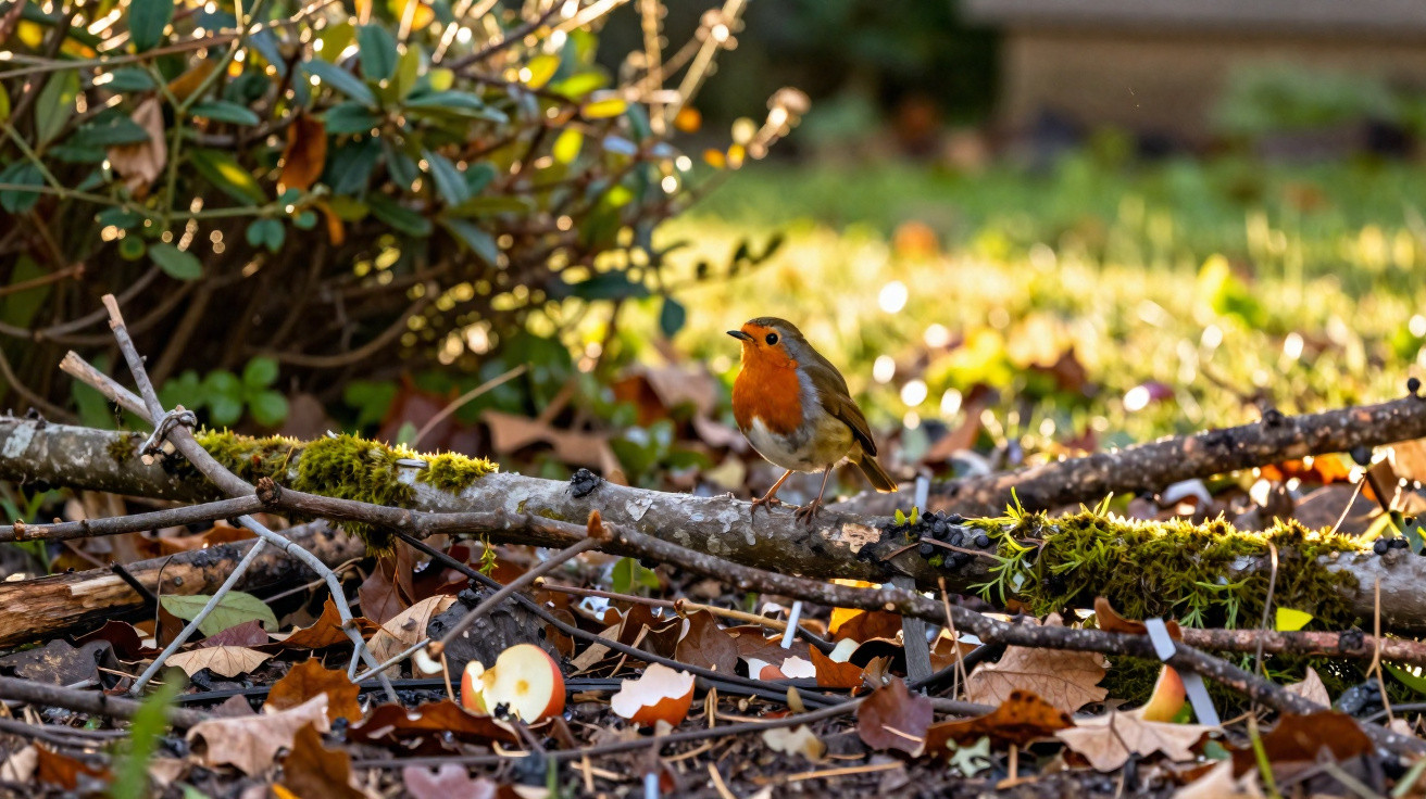 Rotkehlchen sitzt auf moosbedecktem Ast im Herbstlaub in einem sonnigen Garten oder Waldstück.