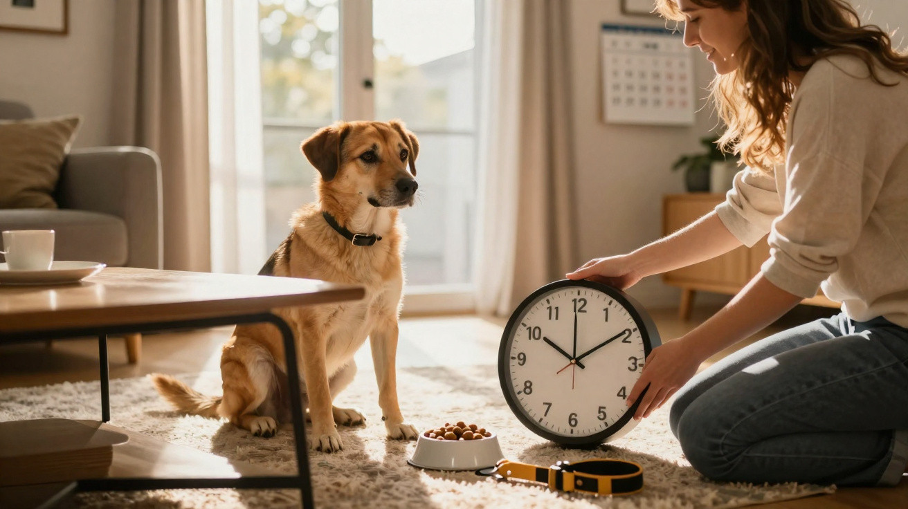 Frau zeigt Hund eine Uhr, neben Futternapf und Hundeleine im Wohnzimmer bei Tageslicht.