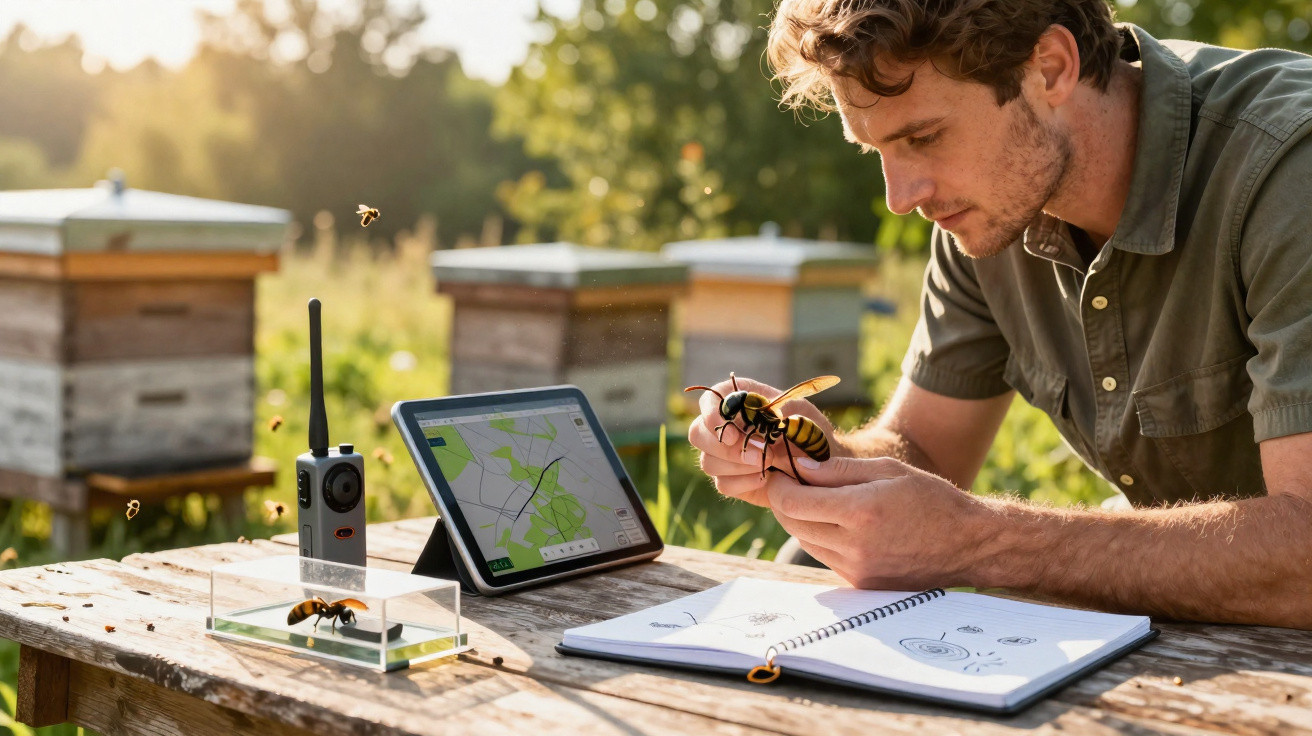 Mann untersucht große Wespe vor Bienenstöcken mit Tablet und Notizen auf einem Holztisch im Freien.