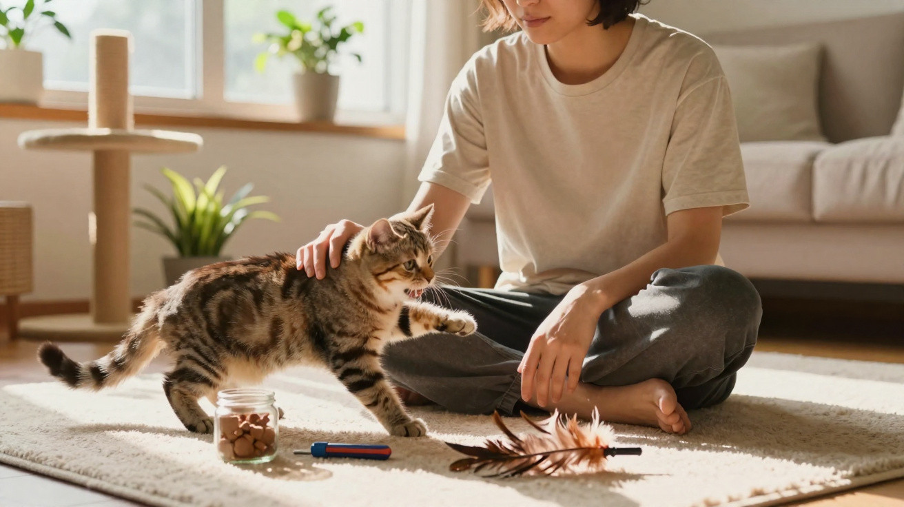 Frau sitzt auf einem Teppich und streichelt eine spielende getigerte Katze mit Spielzeug und Leckerlis.