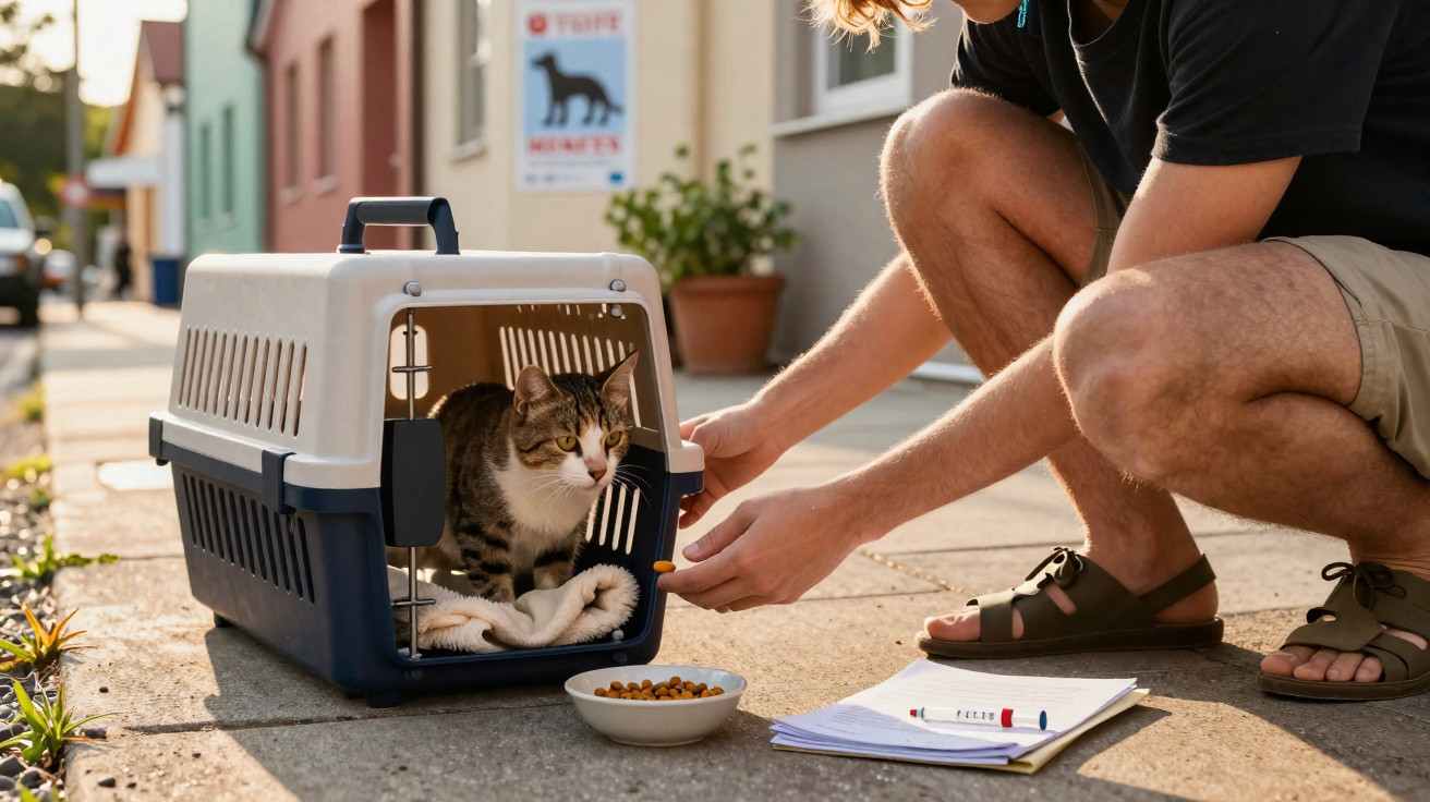 Mann lässt eine Katze aus einer Transportbox vor einem Haus auf dem Gehweg frei, Futter und Unterlagen daneben.