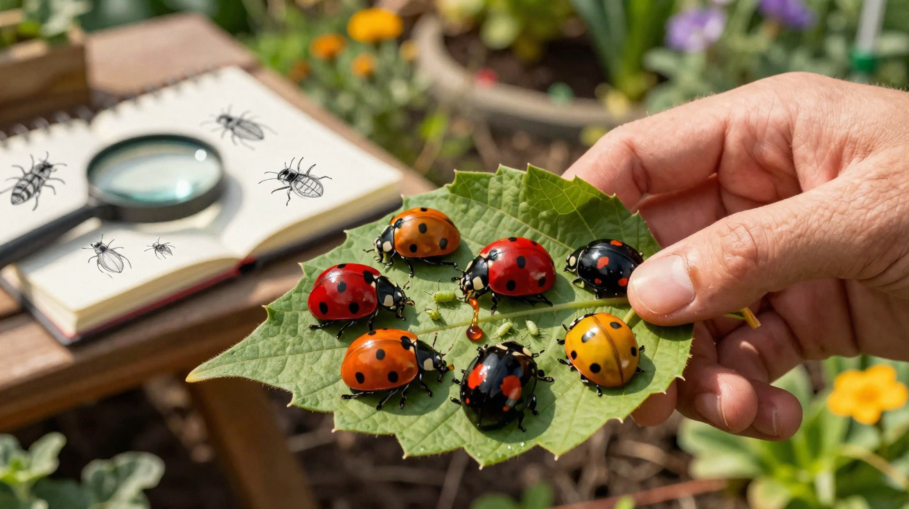 Hand hält grünes Blatt mit verschiedenen Marienkäfern, im Hintergrund eine Lupe und ein Insektenbuch.