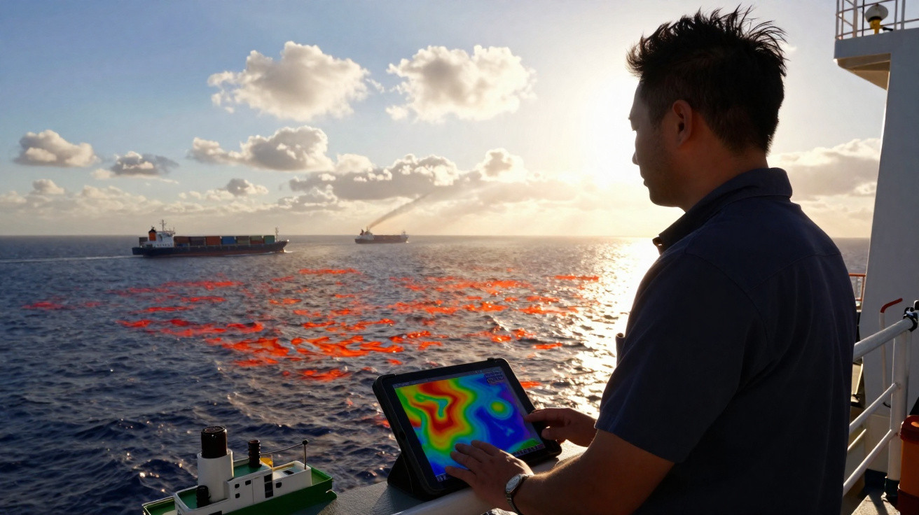Mann steht auf Schiff und untersucht mit Tablet farbige Wärme- oder Strömungsdaten auf dem Meer bei Sonnenuntergang.