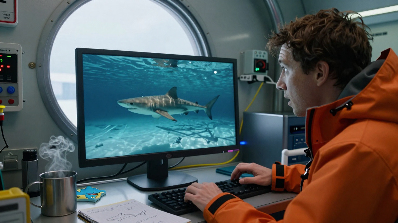 Mann in oranger Jacke beobachtet Haifilm auf Computer in einem Labor mit Bullauge im Hintergrund.