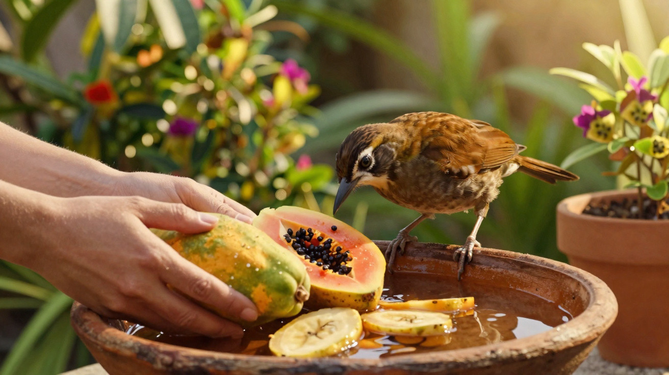 Vogel steht auf Schale mit Wasser, Banane und Papaya, Mensch hält Papaya halbiert über Schale im Garten.