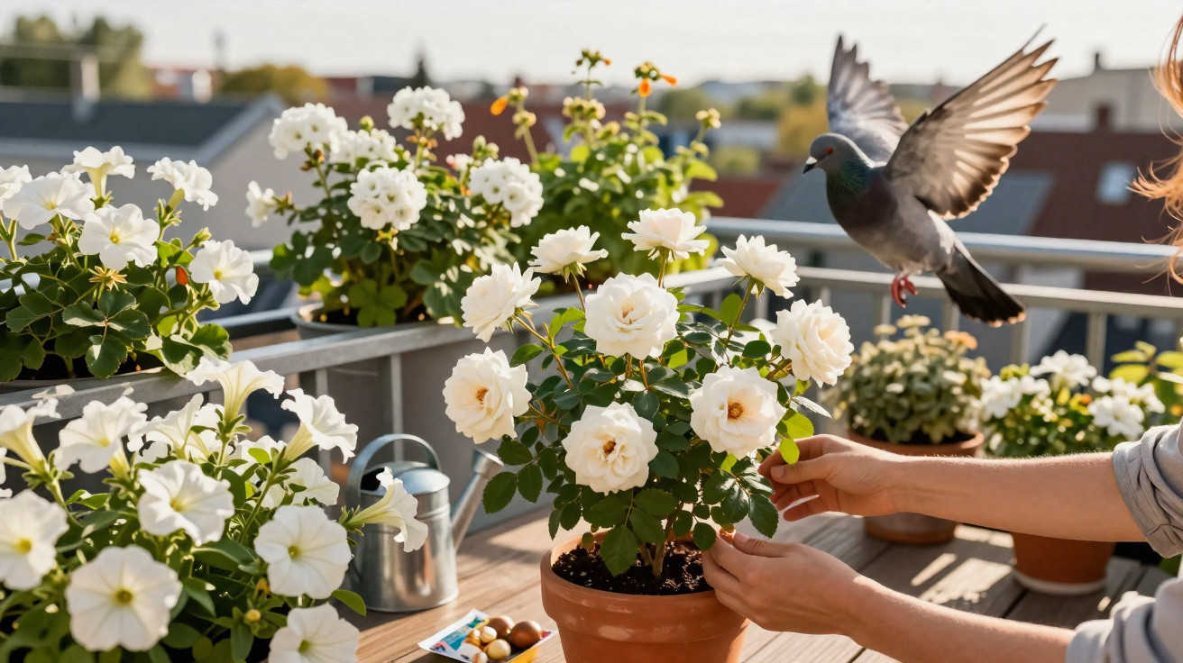Weiße Blumen auf Balkon, Hände pflegen Rosen, Taube im Flug, helle Nachmittagssonne.
