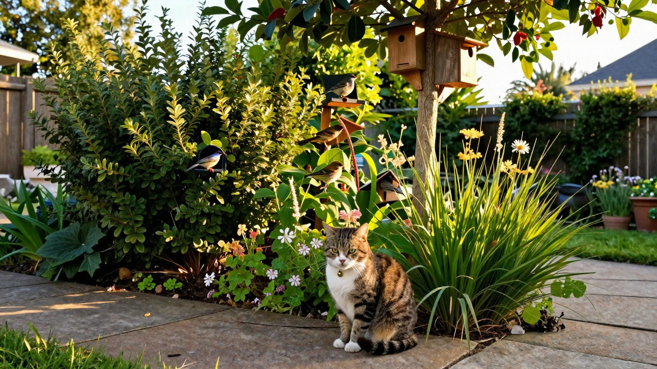 Eine Katze sitzt auf dem Gartenweg vor bunten Blumen und einem Vogelhaus mit mehreren Vögeln.