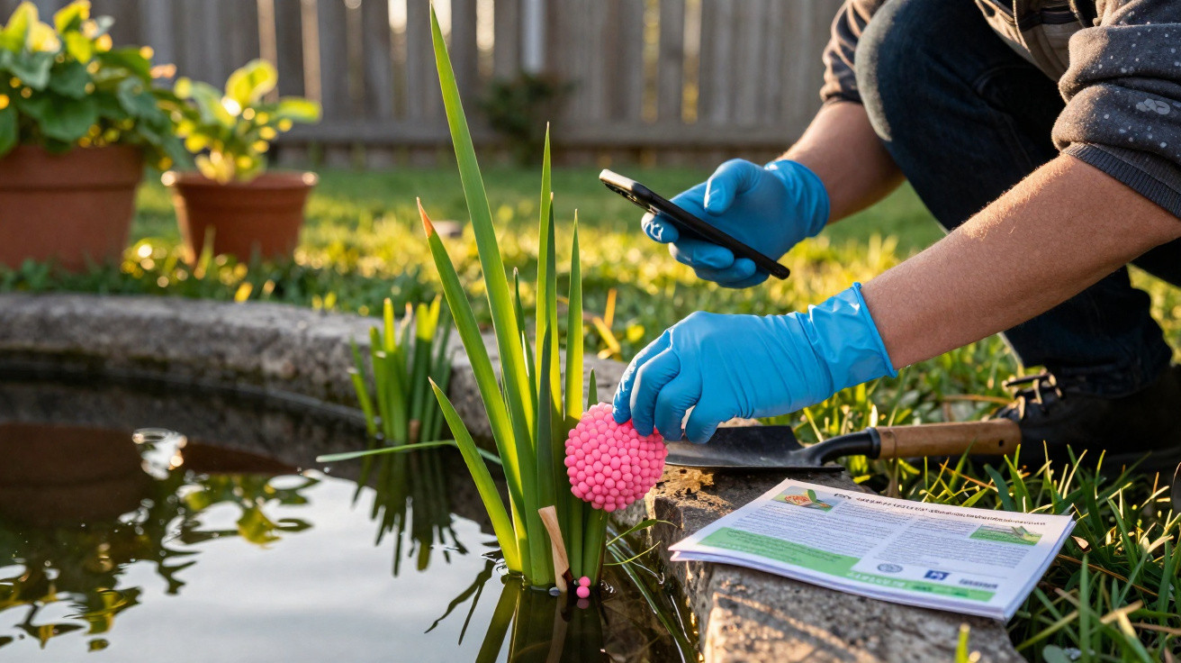 Person mit blauen Handschuhen sammelt Wasserproben aus Gartenteich mit pinkem Messgerät und Smartphone.