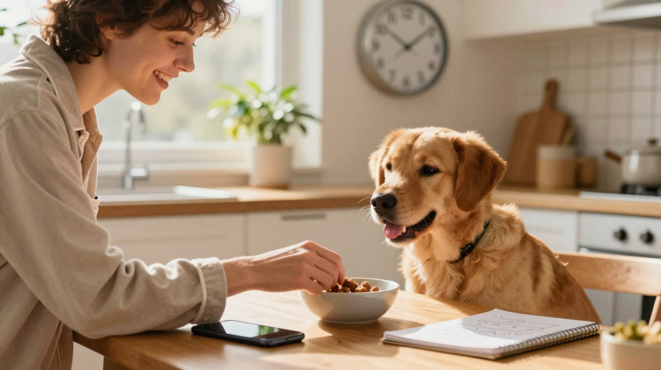 Frau füttert ihren Golden Retriever am Küchentisch, neben Handy und Notizblock.