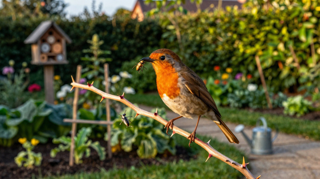 Rotkehlchen sitzt auf einem dornigen Ast mit Insekt im Schnabel in einem sonnigen Garten.