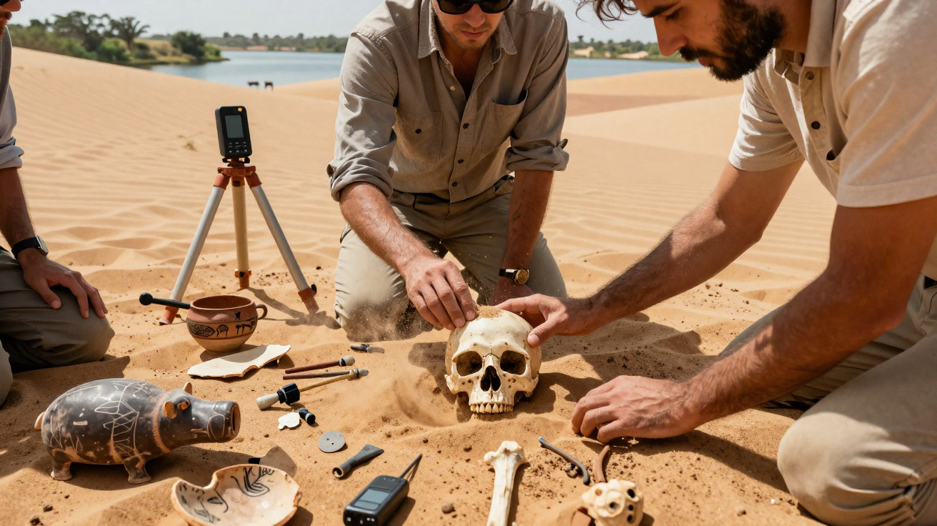 Archäologen legen im Wüstensand einen menschlichen Schädel und alte Artefakte frei.