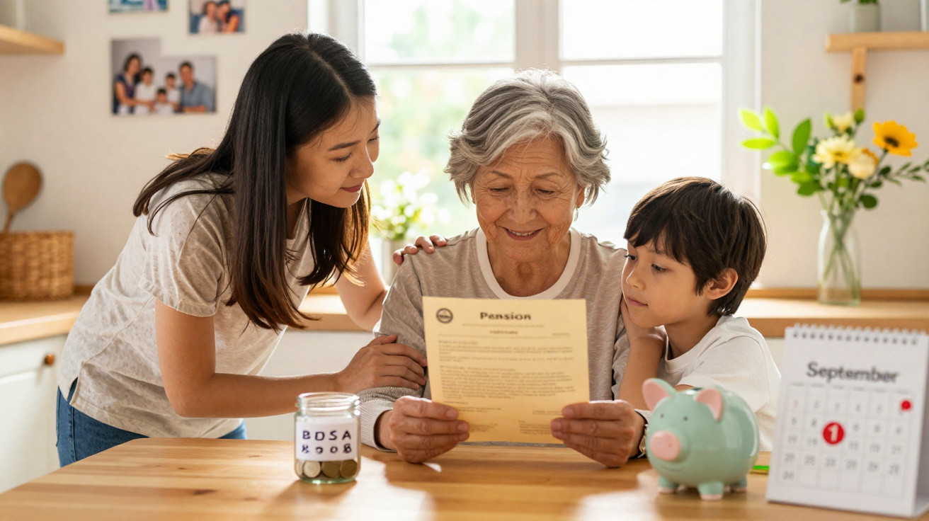 Drei Generationen einer Familie lesen gemeinsam einen Pensionsbrief am Küchentisch mit Sparschwein und Kalender.