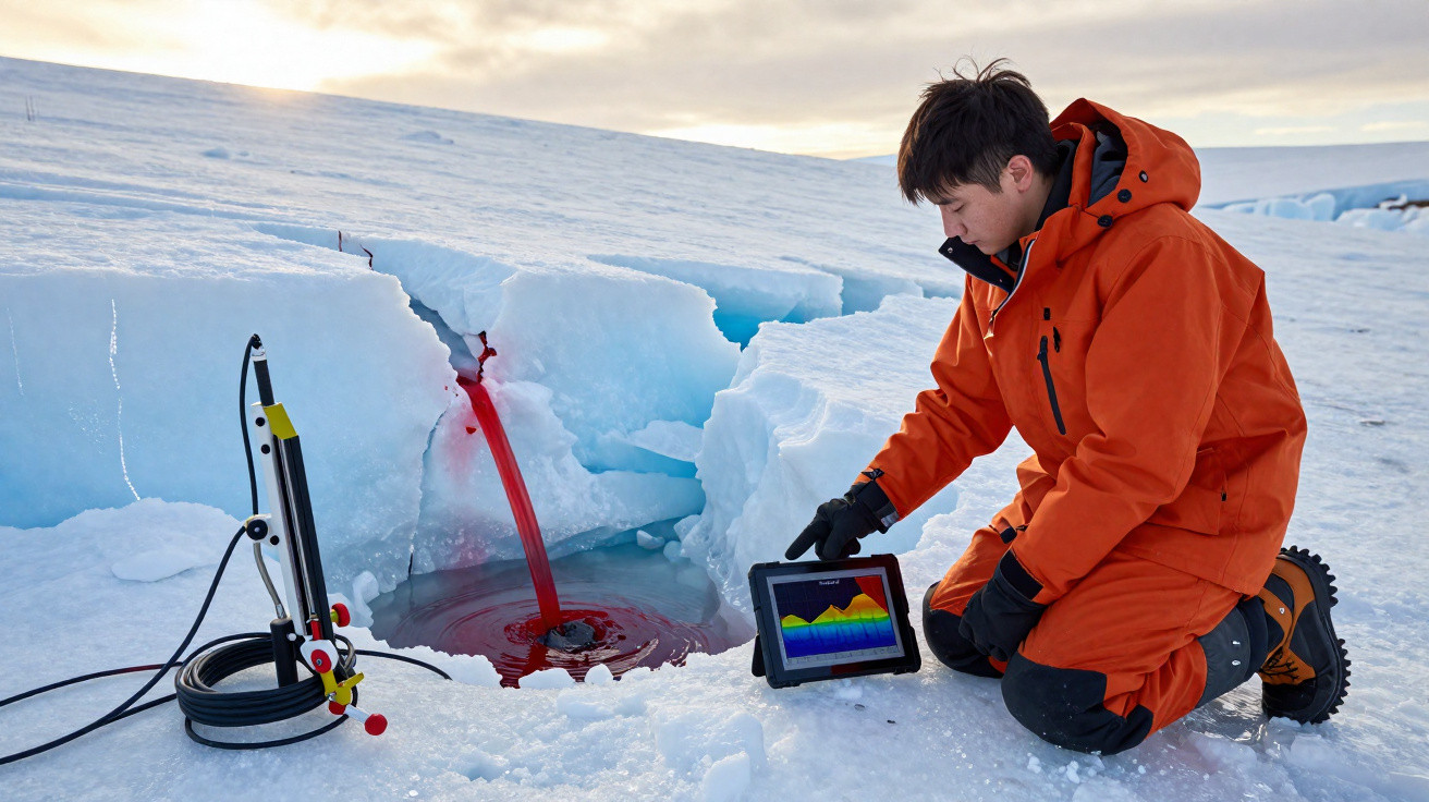 Forscher in oranger Schutzkleidung analysiert blutrote Flüssigkeit aus Eisbohrloch in polarer Landschaft.