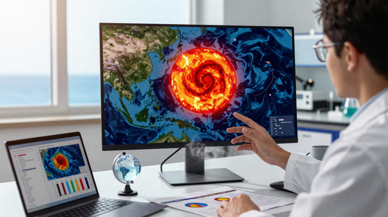 Wissenschaftler analysiert auf Monitor rote Wirbelsturmkarte mit Laptop und Globus auf Schreibtisch im Labor.