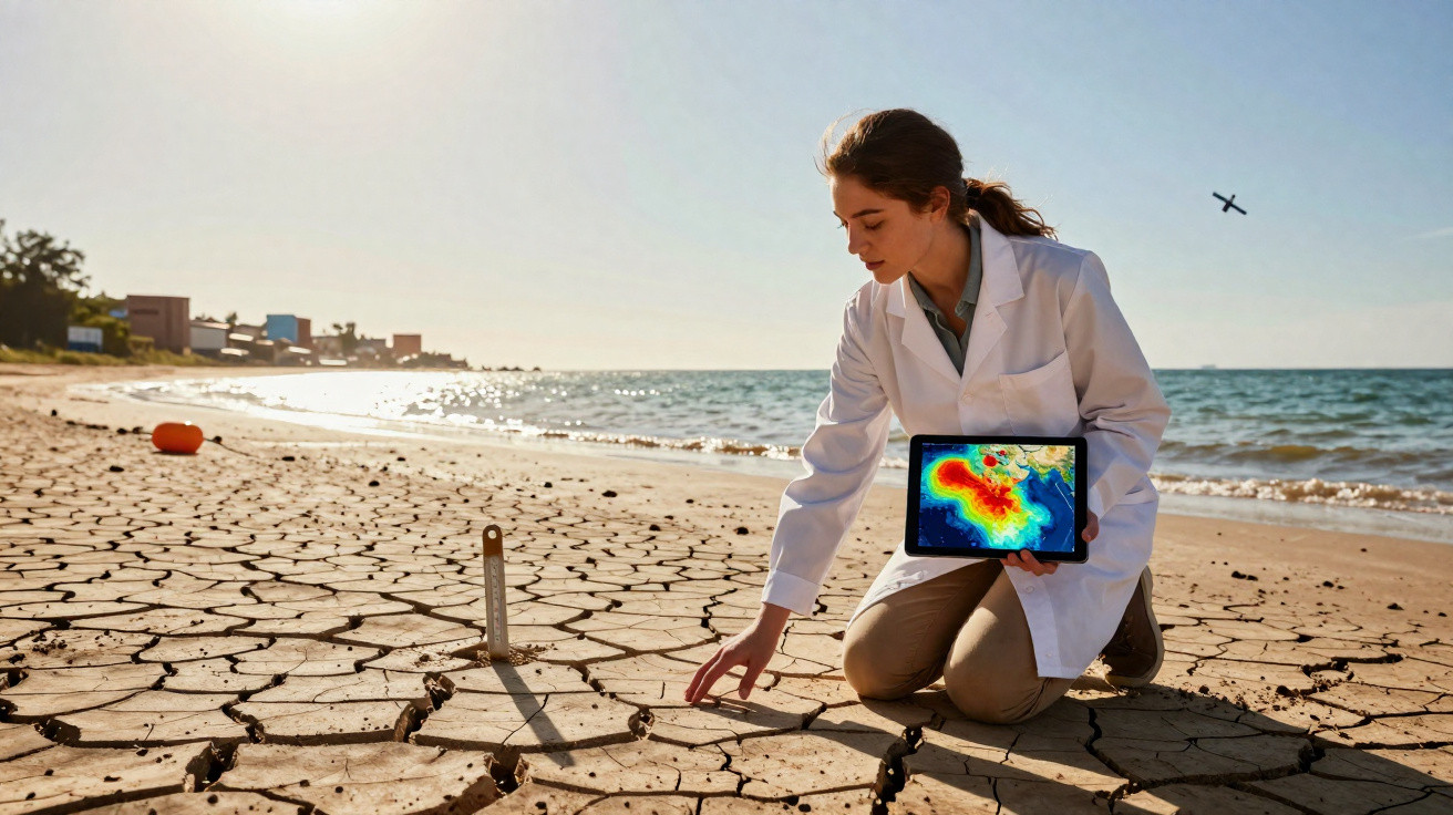 Wissenschaftlerin in weißem Kittel untersucht vertrockneten Boden am Strand mit Hitze- und Feuchtigkeitskarte auf Tablet.