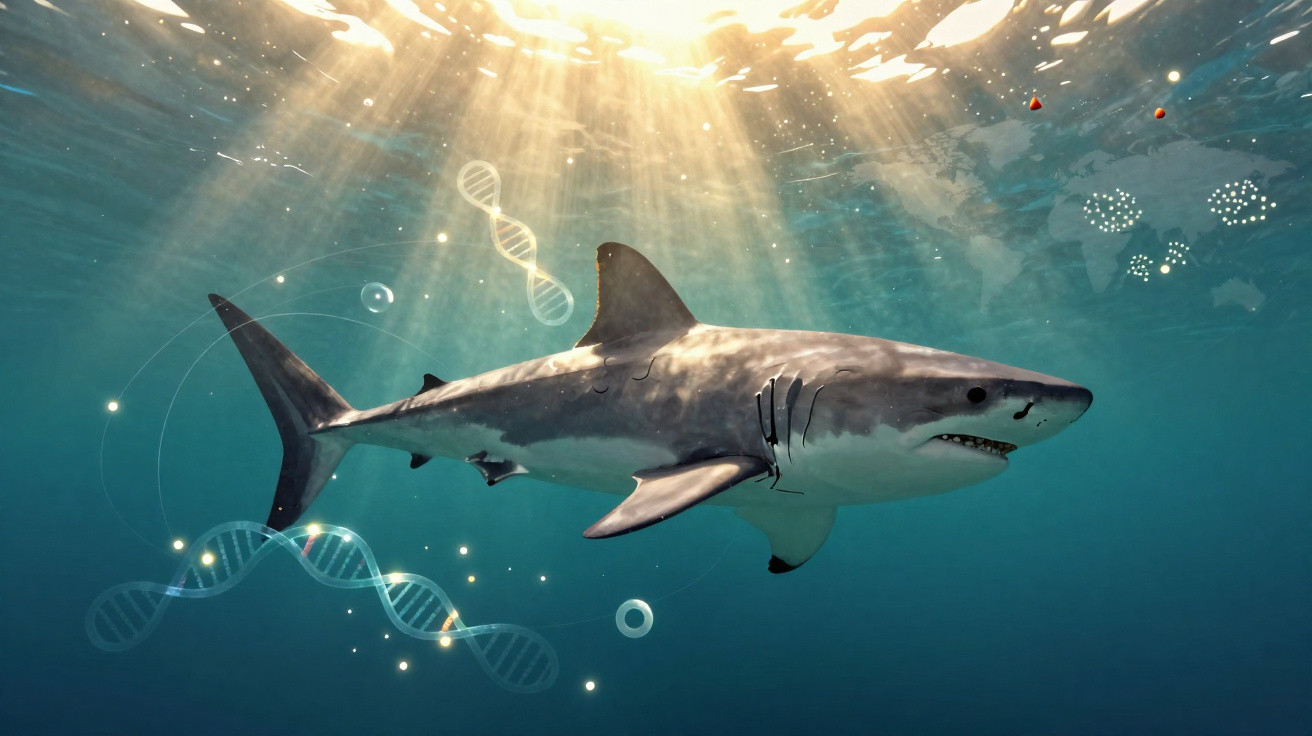 Großer Hai schwimmt im klaren Wasser mit Sonnenstrahlen und schemenhaften DNA-Strukturen im Hintergrund.