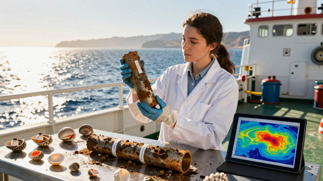 Wissenschaftlerin auf Schiff untersucht Sedimentproben, neben ihr Tablet mit farbiger Meeresanalysekarte.