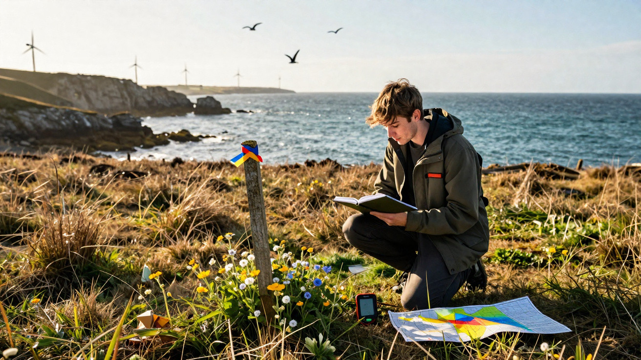 Junger Mann kniet am Meer mit Karte, Kompass und Notizbuch in rauer Küstenlandschaft bei Sonnenlicht.
