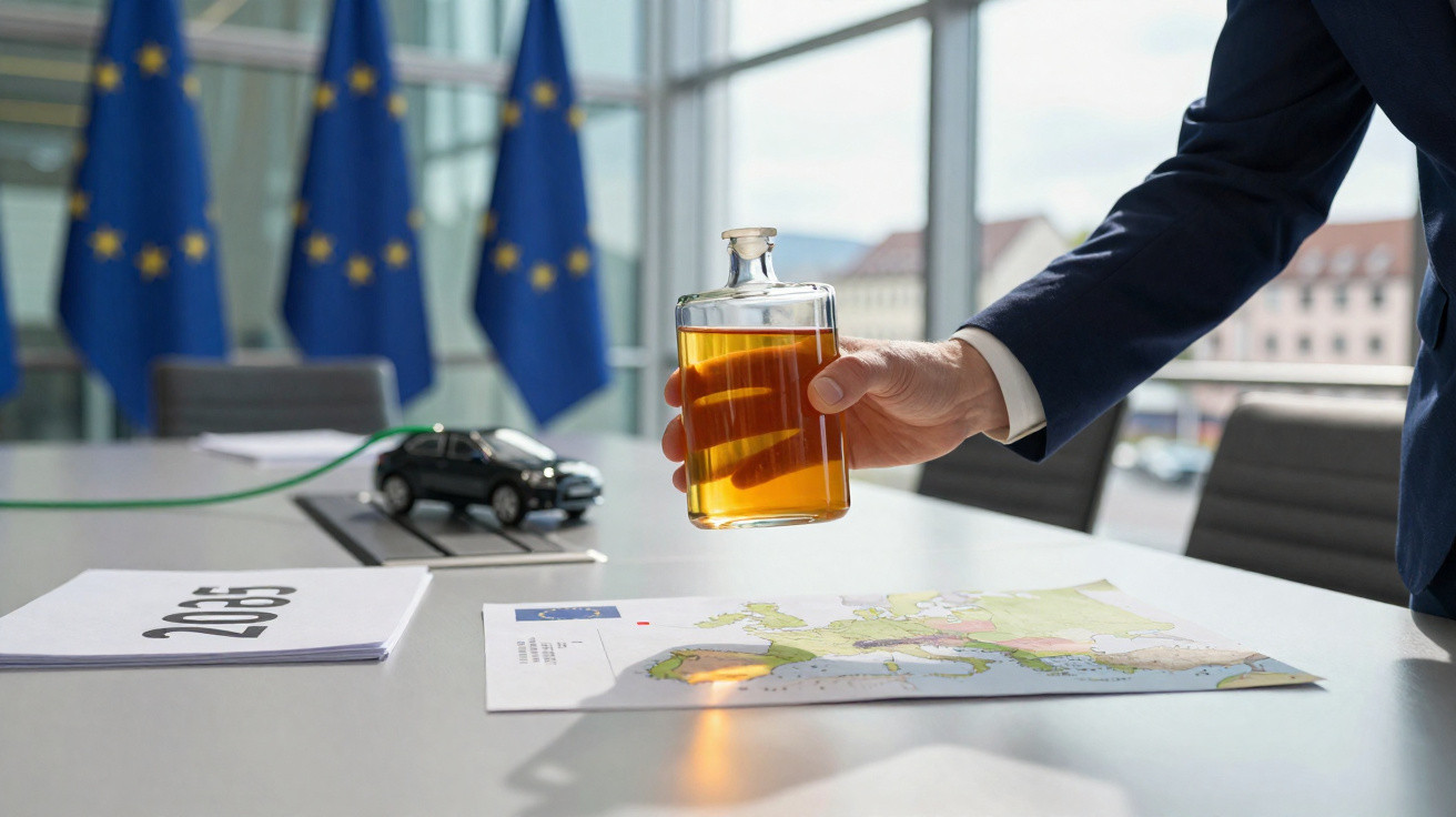 Hand hält eine Glasflasche mit Flüssigkeit über einem Tisch mit Europakarte und Dokument, EU-Flaggen im Hintergrund.