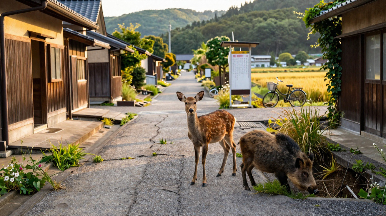 Ein Reh und ein Wildschwein auf einer Dorfstraße zwischen traditionellen japanischen Häusern bei Sonnenuntergang.