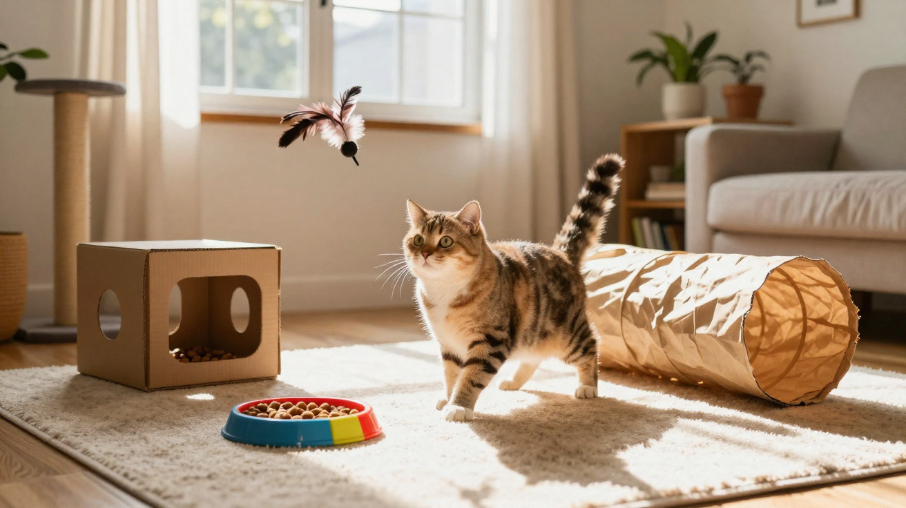Katze spielt im Wohnzimmer mit Feder-Spielzeug auf hellem Teppich neben Futter und Tunnel.