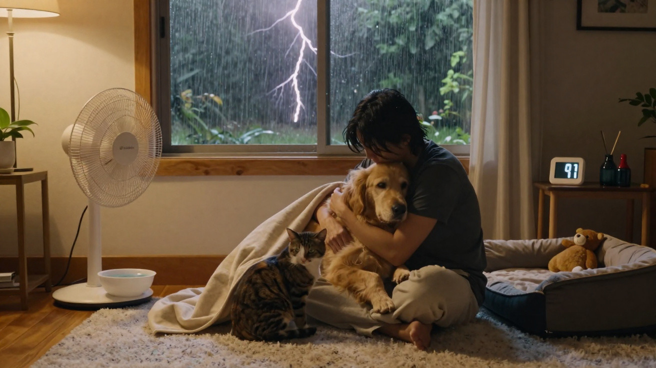 Person umarmt Hund auf dem Boden während Gewitter, Katze sitzt daneben, Ventilator und Hundebett im Zimmer sichtbar.