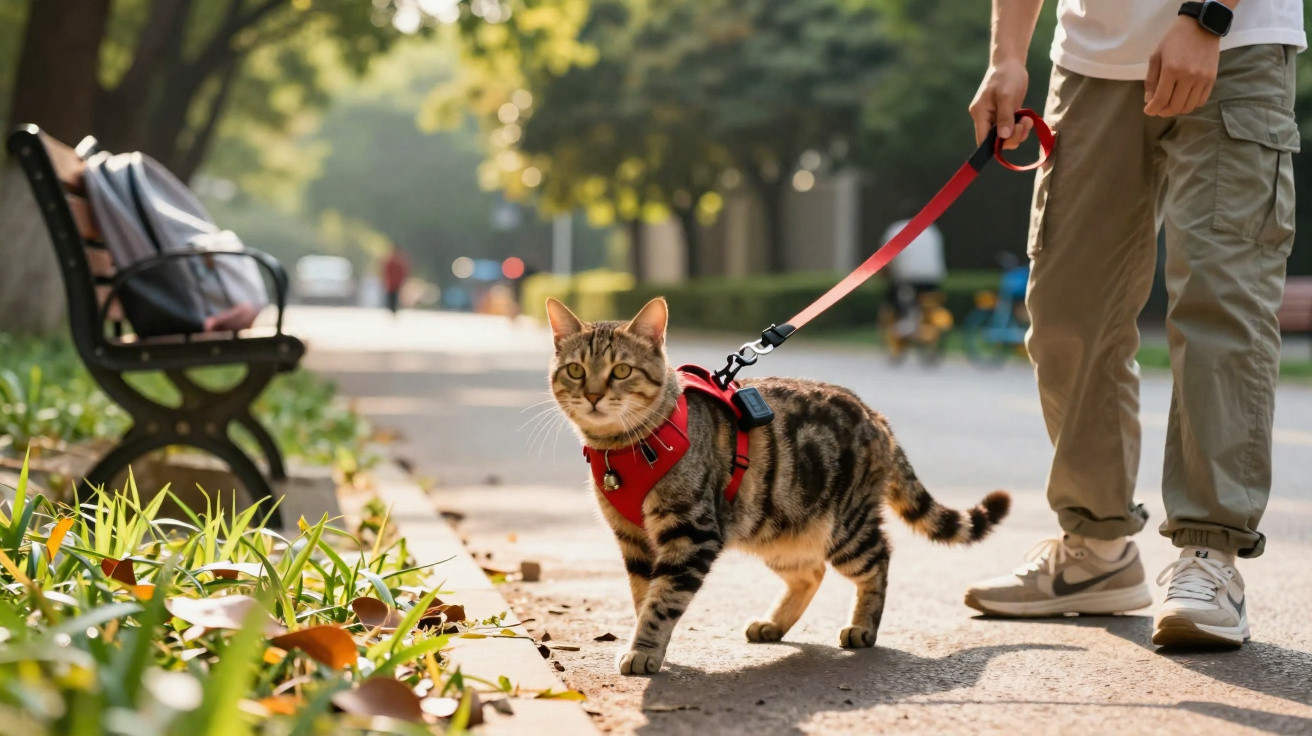 Person führt gestreifte Katze mit rotem Geschirr an der Leine in einem sonnigen Park spazieren.