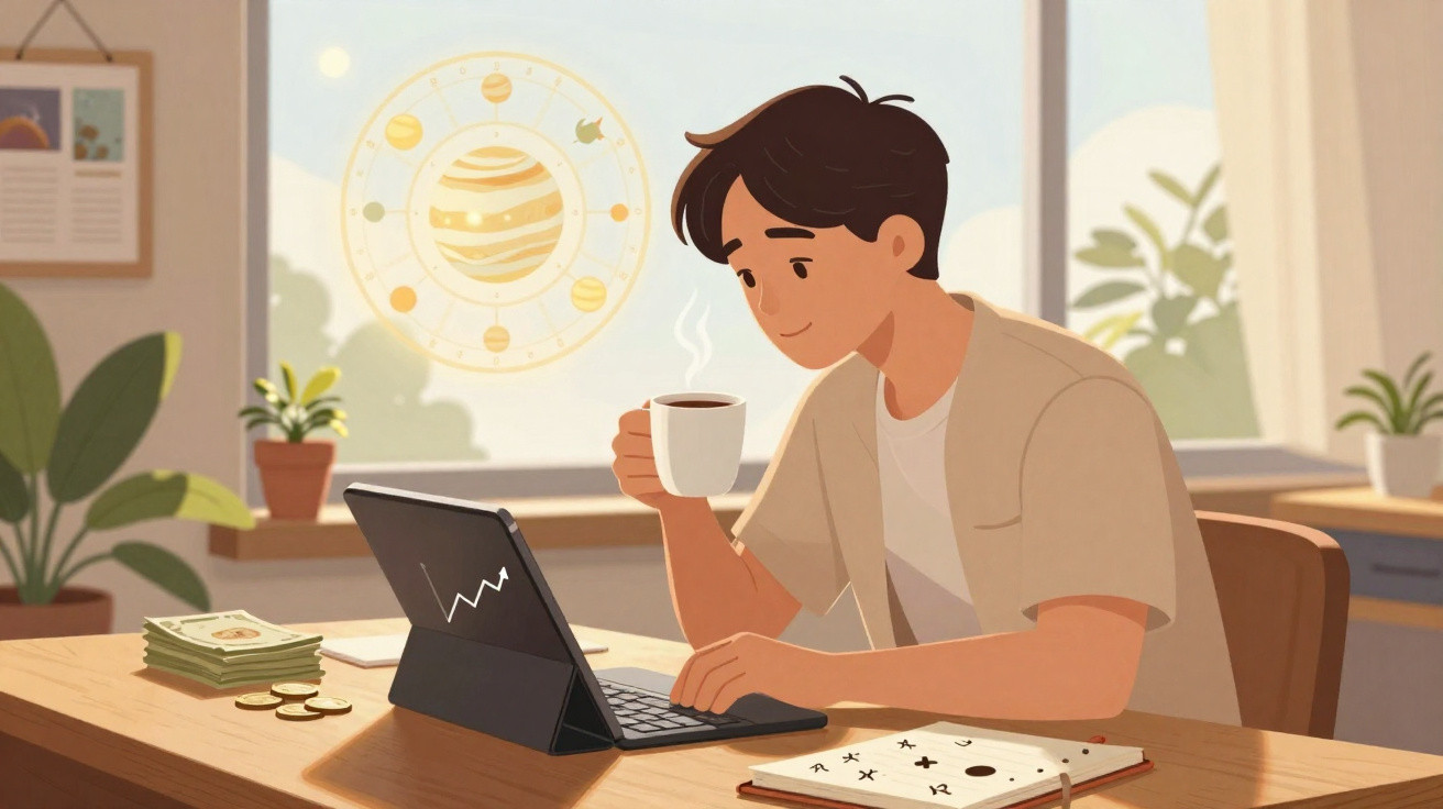 Junger Mann trinkt Kaffee und arbeitet an Tablet, umgeben von Pflanzen, Geld und einem Planetenposter am Fenster.