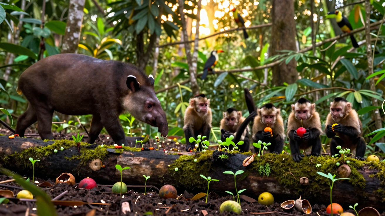 Ein Tapir und fünf Kapuzineräffchen mit bunten Früchten auf einem moosbedeckten Baumstamm im Regenwald.