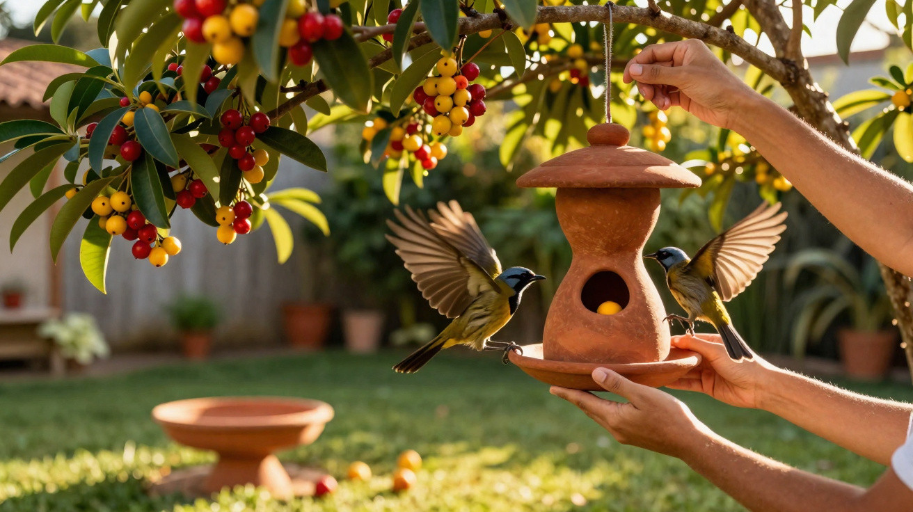 Person hält einen Ton-Vogelhäuschen mit zwei Vögeln unter einem Baum mit roten und gelben Beeren.