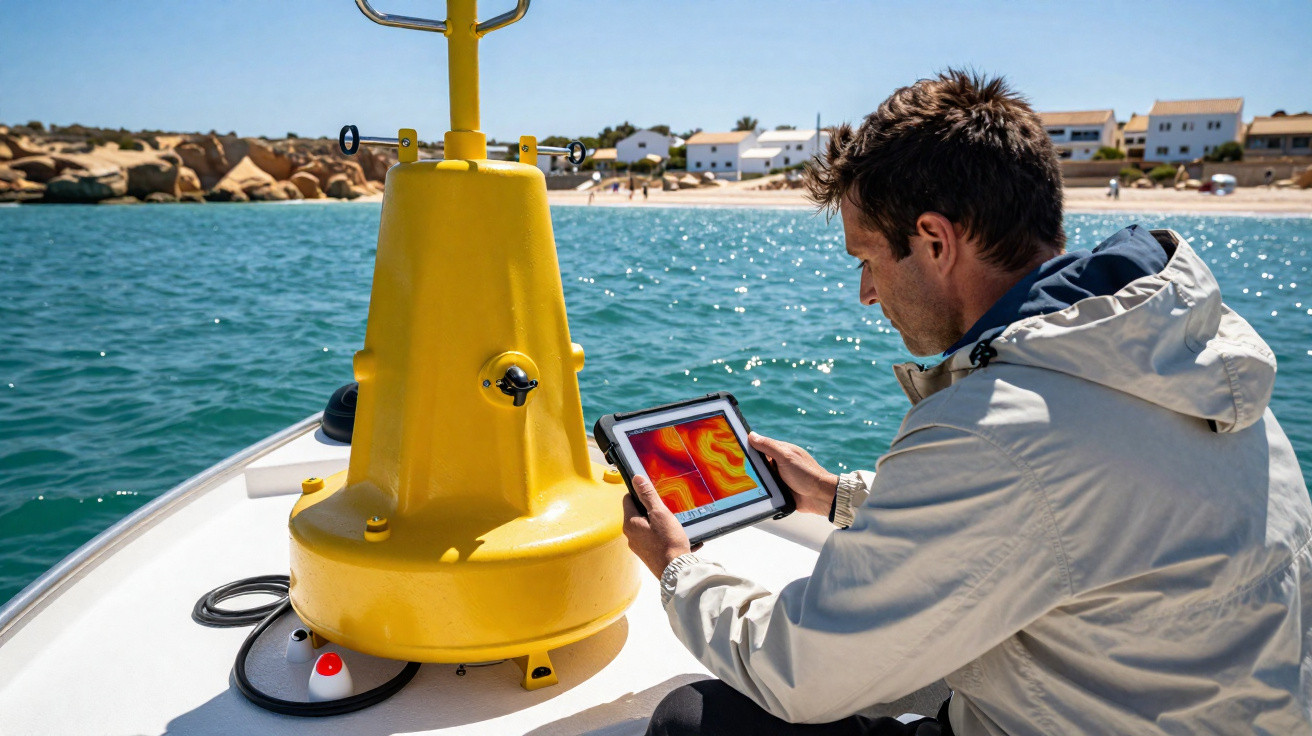Mann auf Boot kontrolliert mit Tablet Messdaten an einer großen gelben Seezeichenboje nahe Küste.