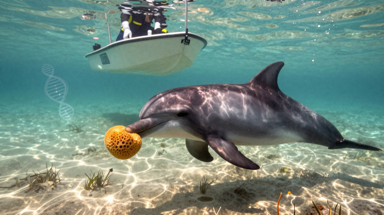 Ein Delfin schwimmt unter Wasser und hält einen Kugelball, darüber ein Boot mit einer Person.