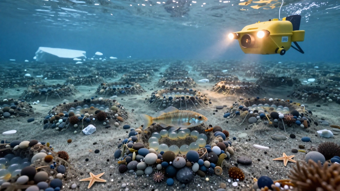Unterwasseraufnahme mit Fischen, Steinkreisen auf dem Meeresboden und einem leuchtenden gelben Tauchroboter.