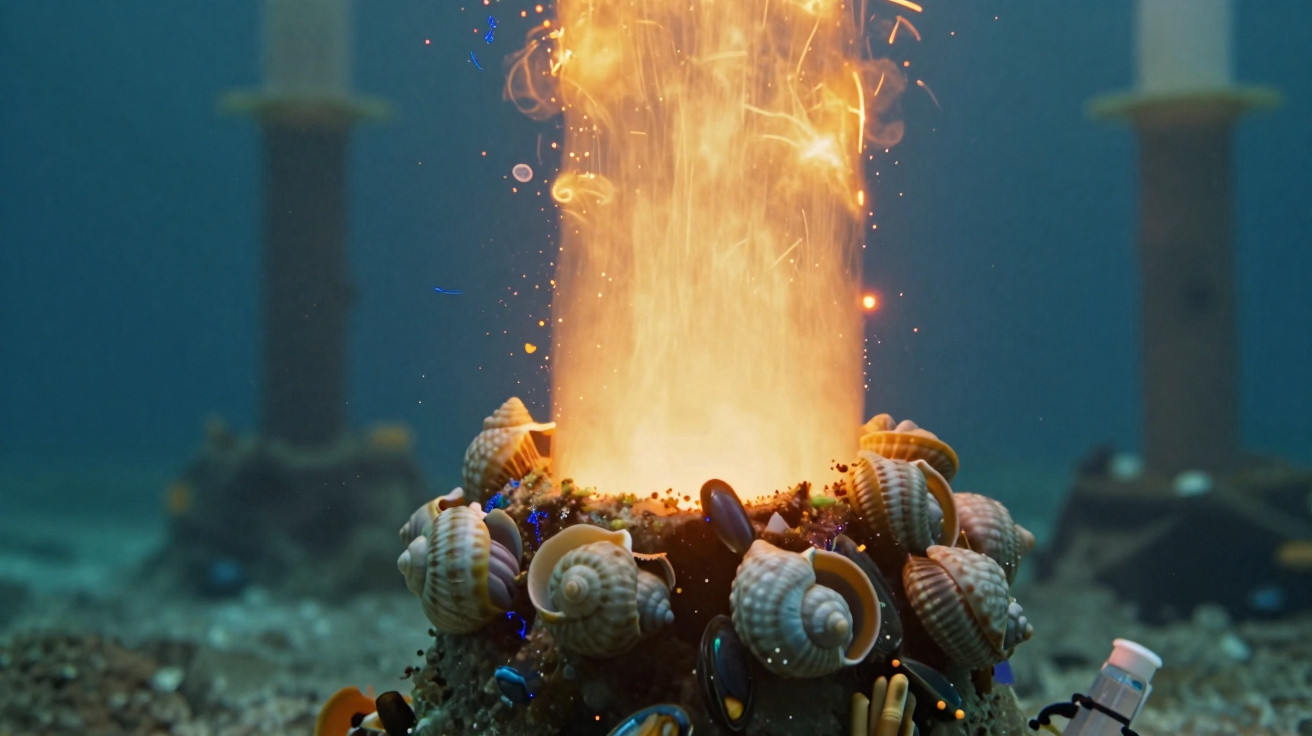 Unterwasseraufnahme von Schnecken auf einem Korallenriff mit einer aufsteigenden Lichtersäule.