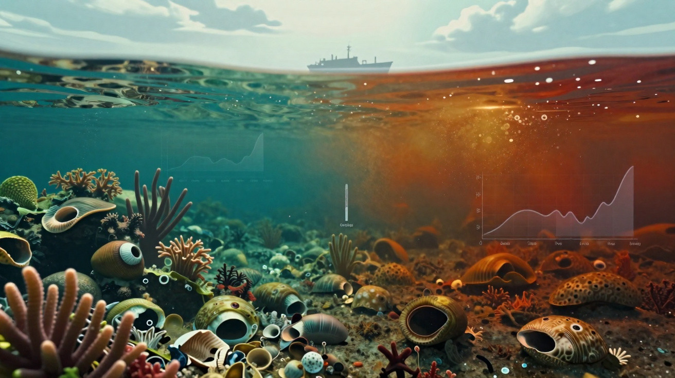 Unterwasseraufnahme eines Korallenriffs mit vielfältigem Meeresleben unter einem Schiff an der Wasseroberfläche.
