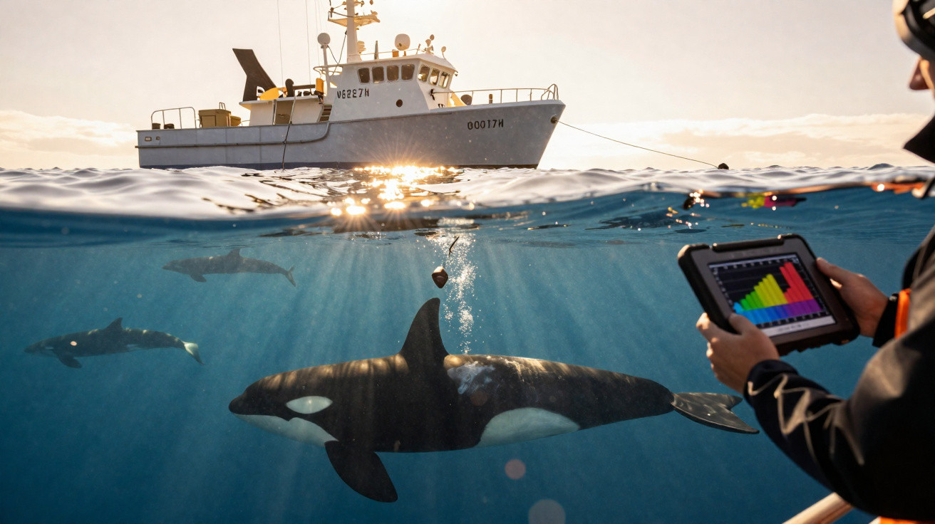 Forschungsschiff und Taucher beobachten Orcas unter Wasser mit Tablet zur Datenerfassung bei Sonnenlicht.