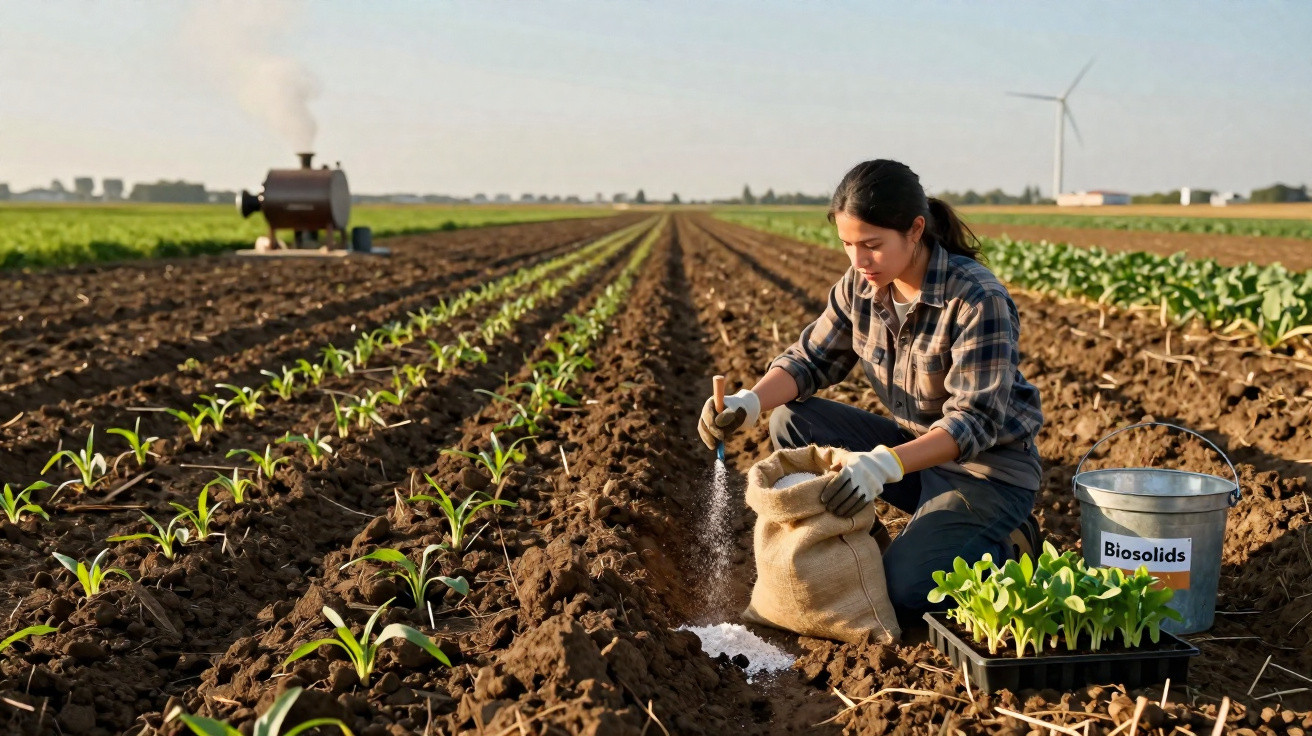 Frau düngt in landwirtschaftlichem Feld mit Biosolid-Dünger, Windrad und Dampfkessel im Hintergrund.