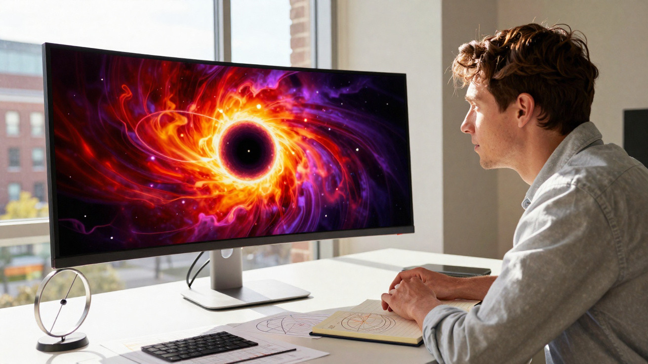 Mann sitzt am Schreibtisch und betrachtet ein Bild eines schwarzen Lochs auf einem großen Monitor.