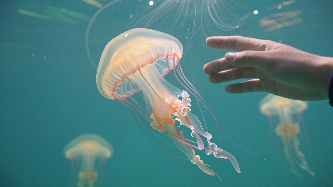 Hand nähert sich einer transparenten Qualle mit langen Tentakeln im Wasser.