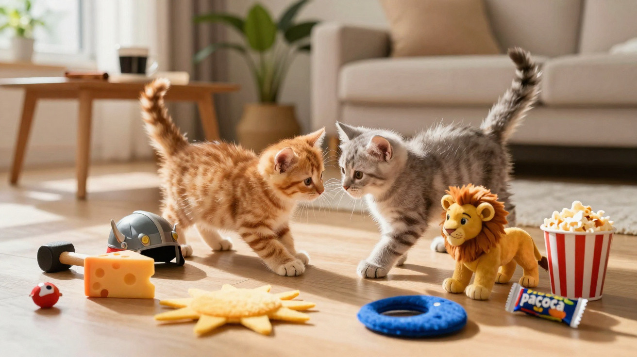 Zwei Kätzchen spielen auf dem Boden neben Spielzeug und Snacks in einem hellen Wohnzimmer.