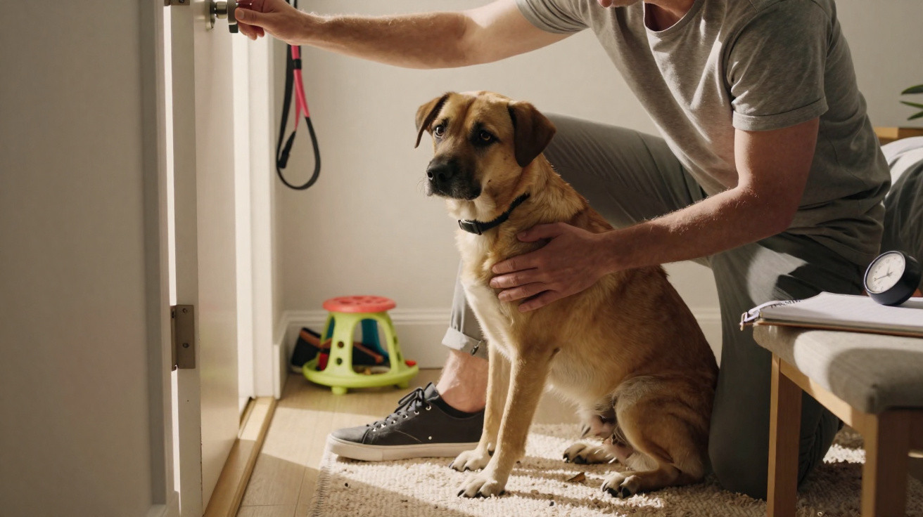 Mann kniet und hält Hund an der Leine, während er die Tür öffnet, Spielzeug im Hintergrund sichtbar.