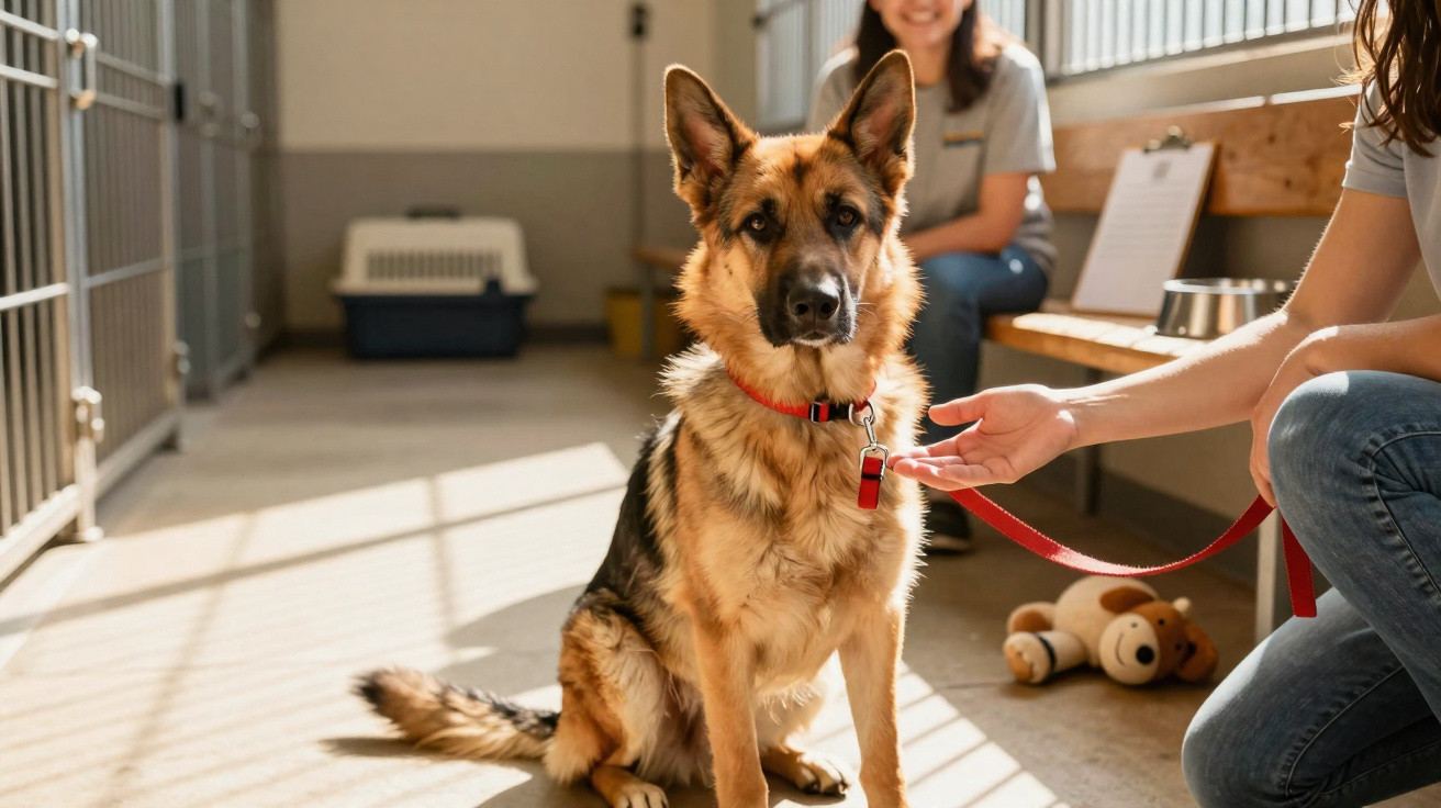 Deutscher Schäferhund in Tierheimzelle, an Leine gehalten, mit Person und Spielzeug im Hintergrund.