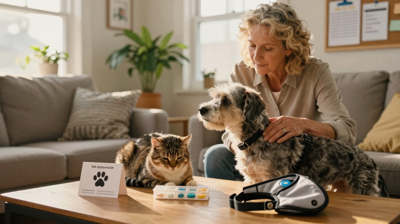 Ältere Frau mit Hund und Katze am Tisch mit Medikamentenbox und Informationskarte zur Tiergesundheit.