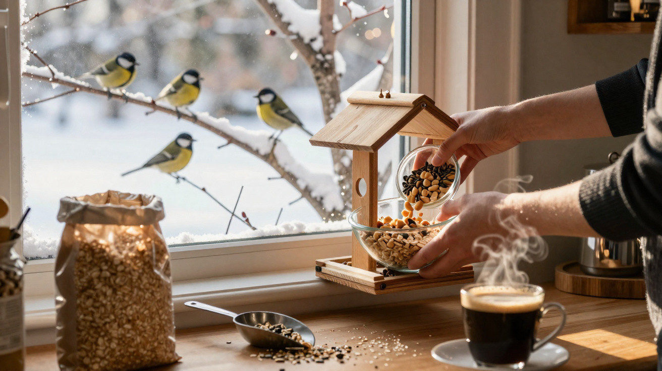 Winterliche Szene: Vogelfutter wird in Futterhaus gefüllt, draußen sitzen vier Meisen auf verschneiten Ästen.