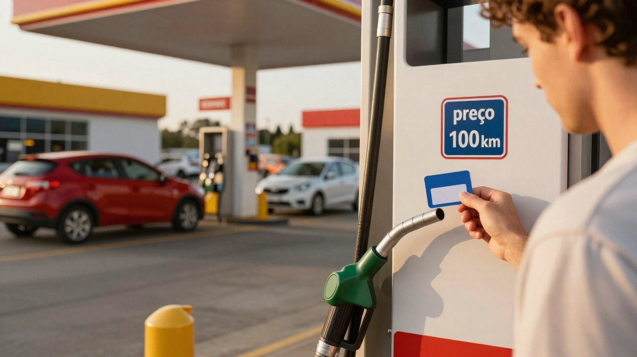 Person hält Karte an Zapfsäule einer Tankstelle mit mehreren wartenden Autos im Hintergrund