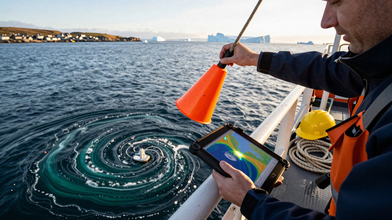 Mann auf Forschungsschiff misst Wasserwirbel mit orangefarbenem Gerät und Tablet auf eisbedecktem Meer.