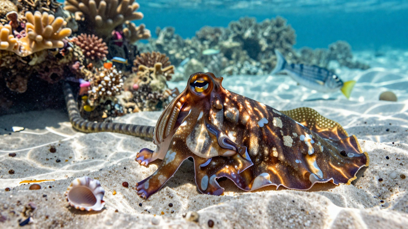 Bunter Tintenfisch auf Sandboden neben Korallen unter klarem Wasser mit Fischen im Hintergrund.